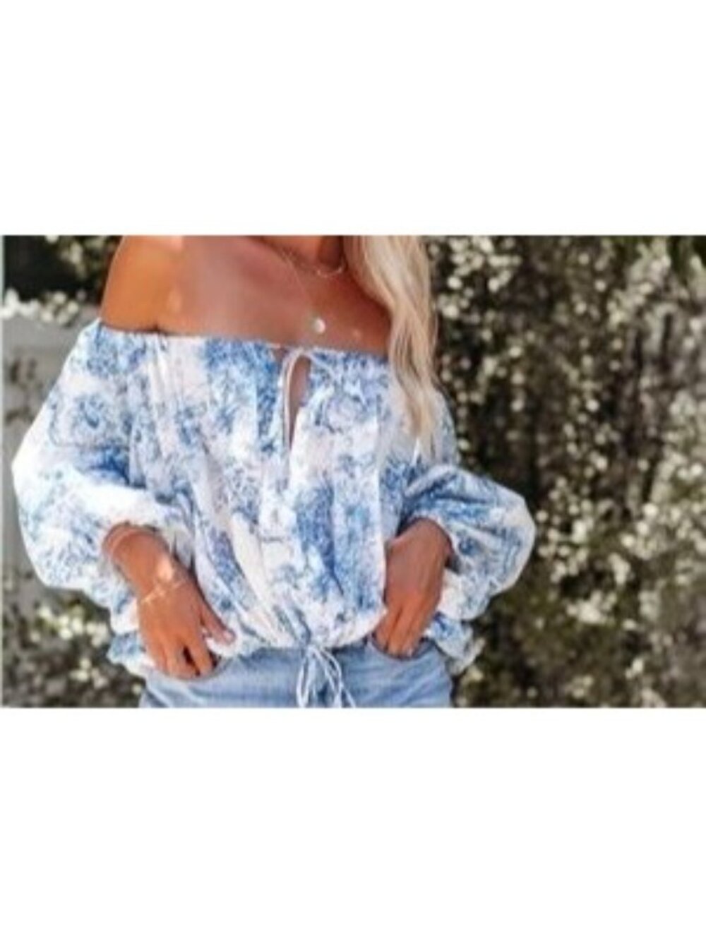 VICI Large White & Blue Cotton Peasant Blouse Elastic Waist Puff Sleeves (M741)